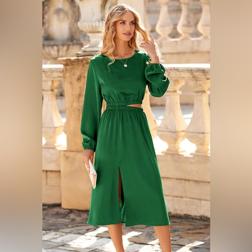 Midi emerald green satin dress